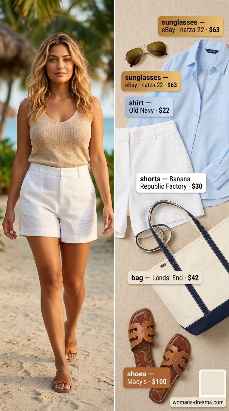 Sky blue linen shirt, white paperbag shorts, and tan slides for a summer beach outfit for women 2026 brunch.
