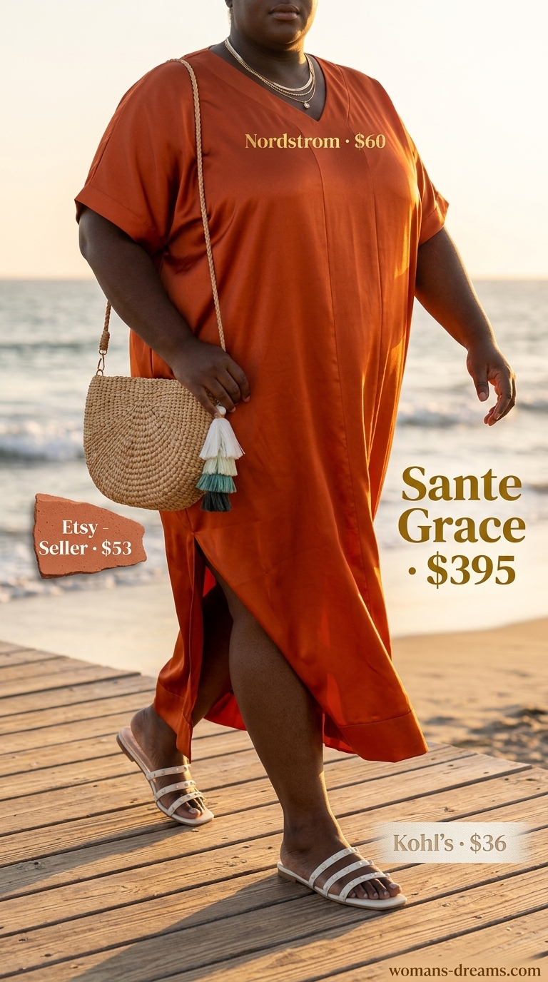 Luxurious summer beach outfit for women 2026: Terracotta caftan dress, embellished sandals, layered gold necklaces.