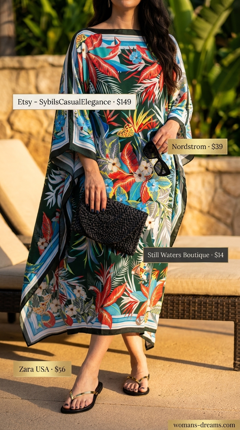 Luxurious summer beach outfit for women 2026: Tropical print silk caftan, black embellished sandals, cat-eye sunglasses, straw clutch.