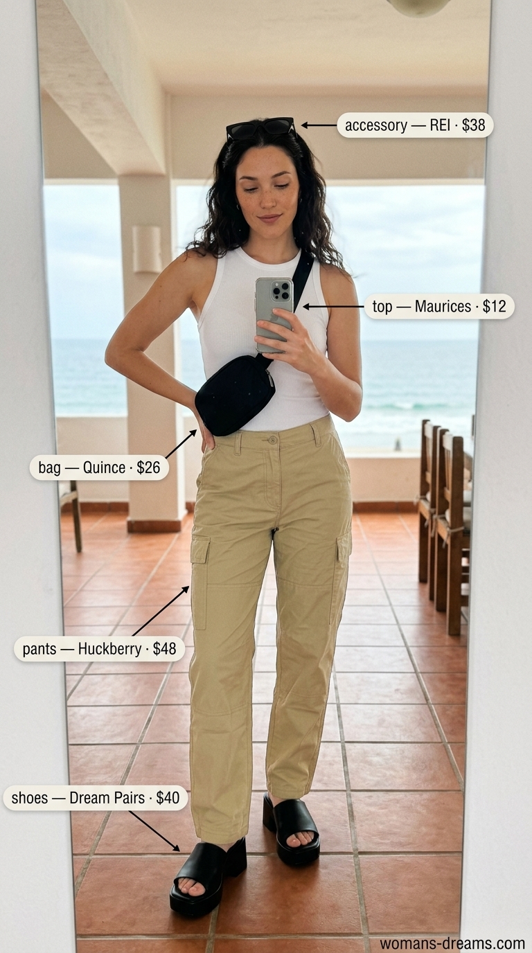 Khaki cargo pants, white ribbed tank, and black belt bag for a summer beach outfit for women 2026 active day.