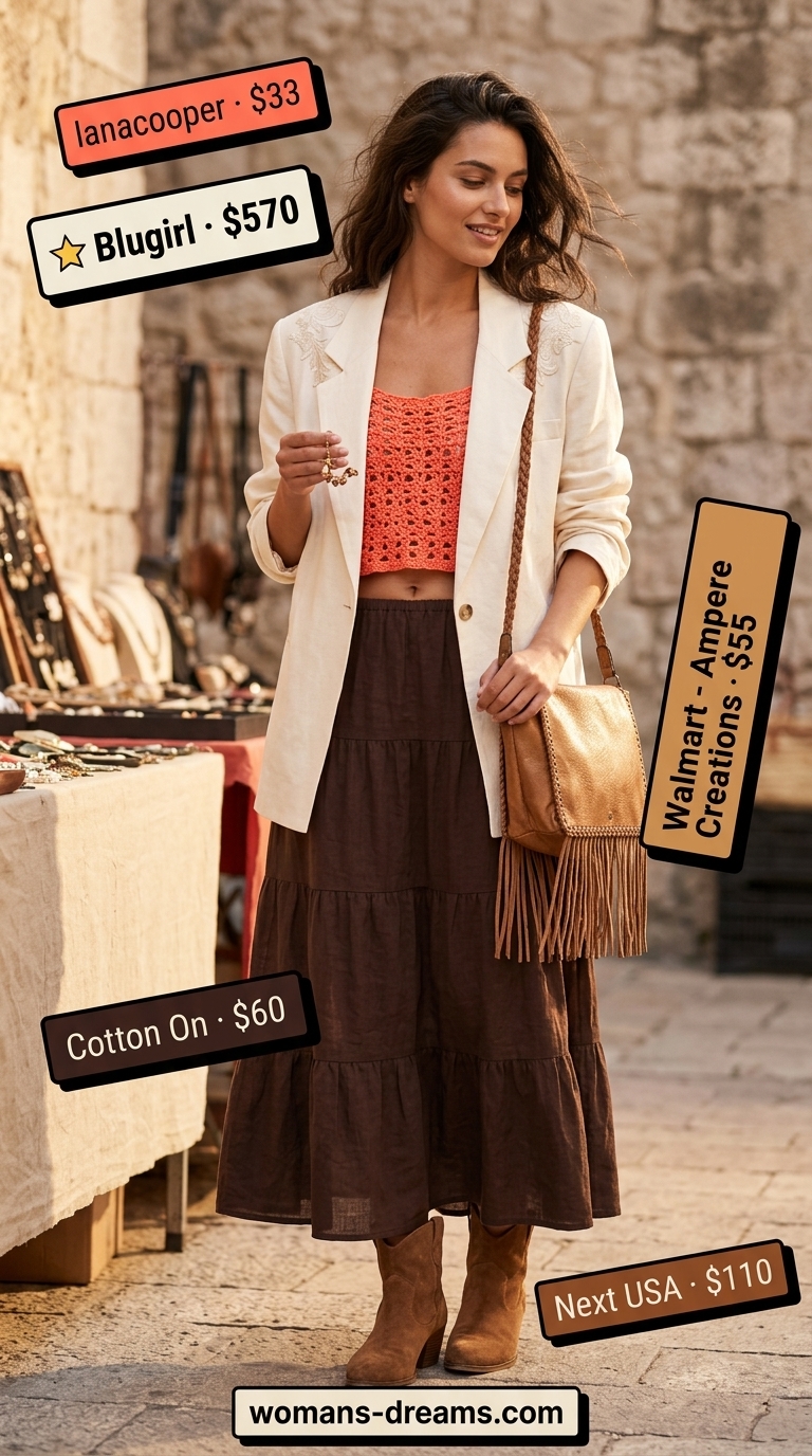 Boho festival outfit 2026: embroidered blazer, crochet top, maxi skirt, fringe bag, suede boots.