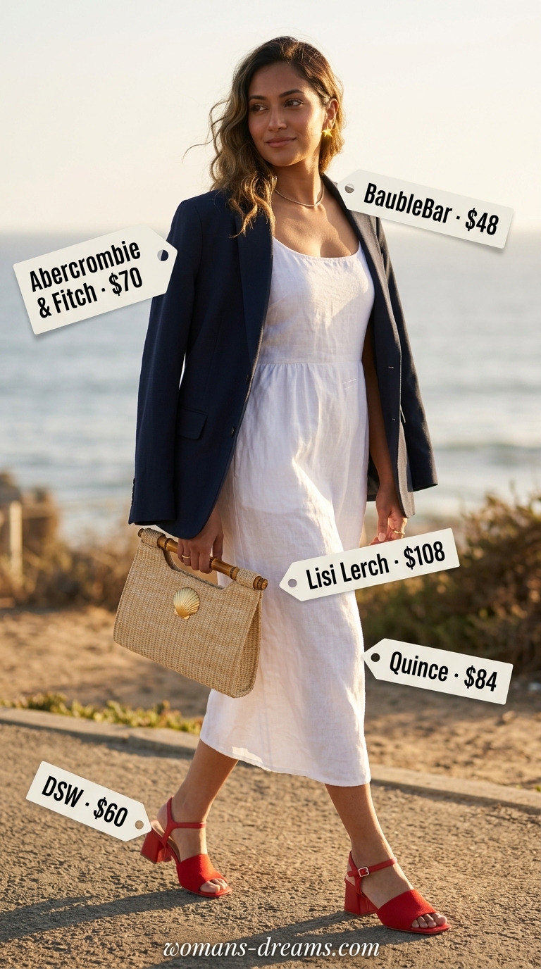 Nautical resort evening outfit 2026: navy blazer, white midi dress, red sandals, straw clutch.