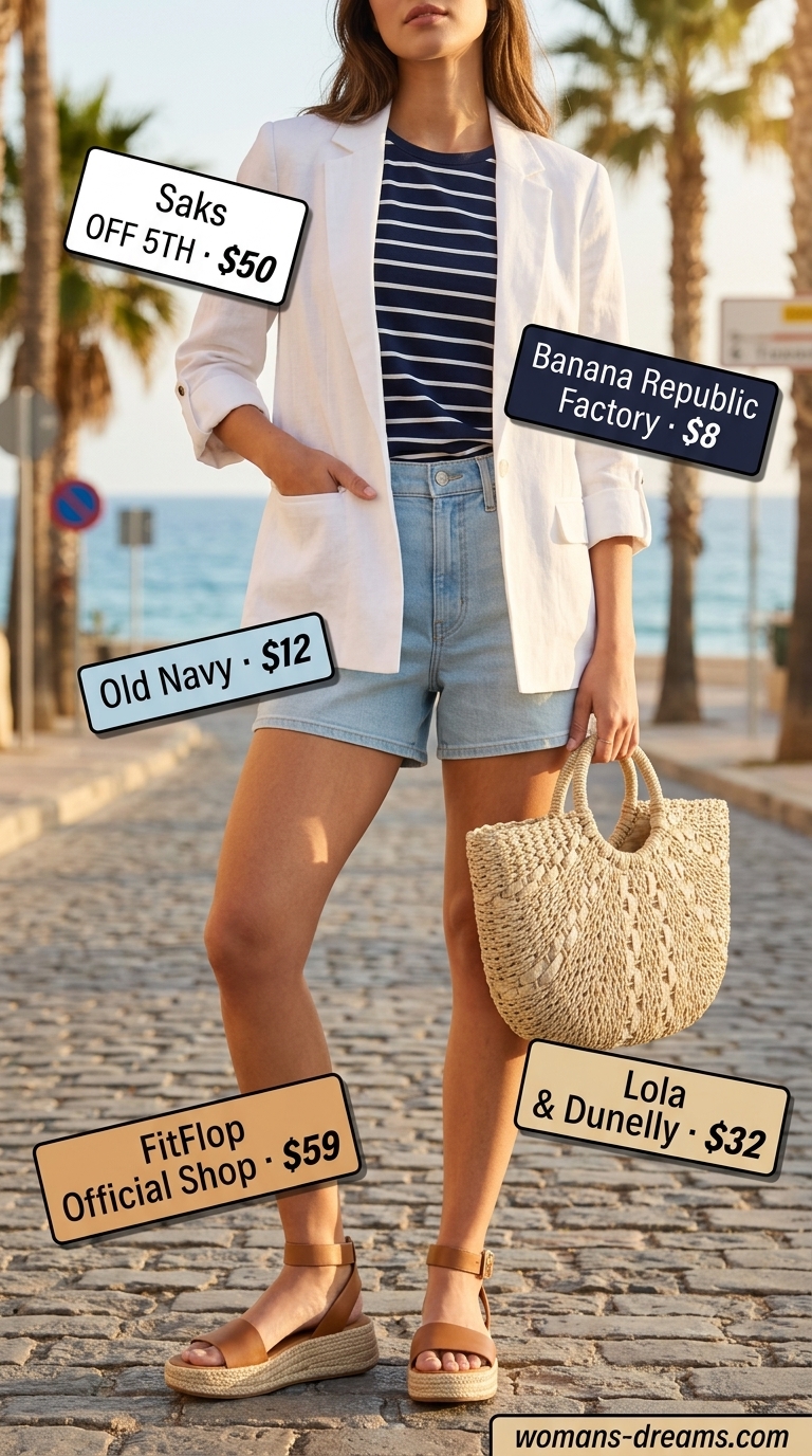 Riviera brunch outfit 2026: white linen blazer, striped tee, denim shorts, straw tote, espadrilles.