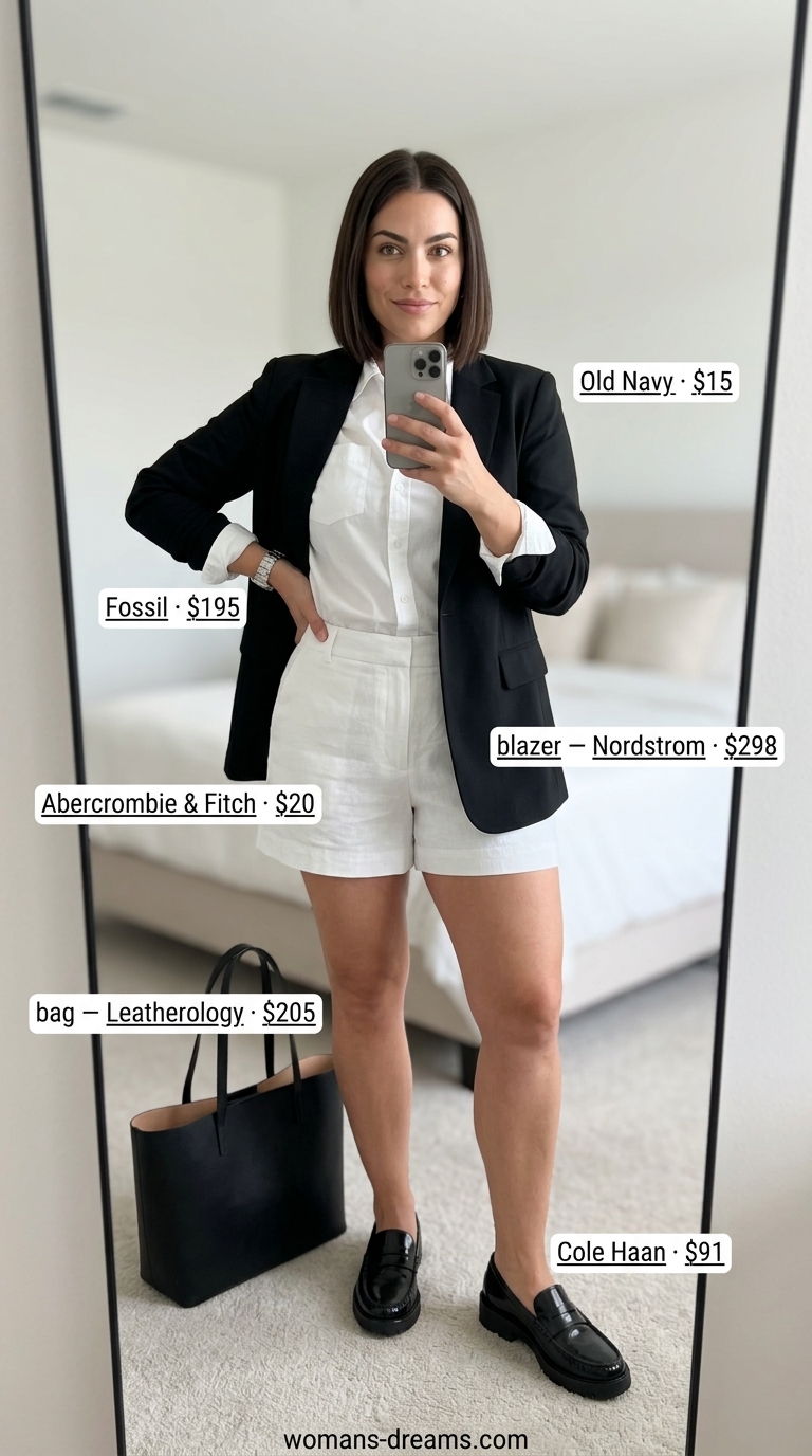 Sleek black blazer outfit 2026: black blazer, white shirt, linen shorts, leather loafers.