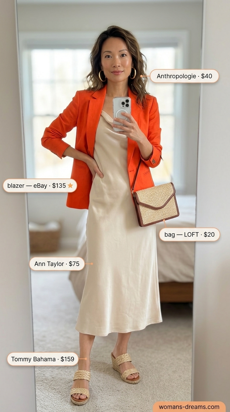 Tropical getaway evening outfit 2026: orange linen blazer, cream slip dress, raffia clutch, wedge sandals.