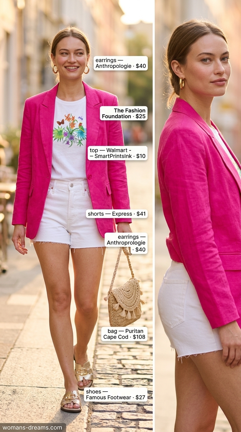 Tropical pink blazer outfit 2026: hot pink blazer, white denim shorts, graphic tee, raffia clutch.
