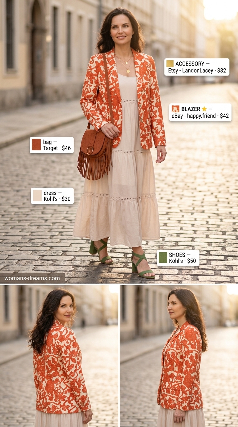 Bohemian summer blazer outfit 2026: Rust floral blazer, cream maxi dress, olive sandals for festival.