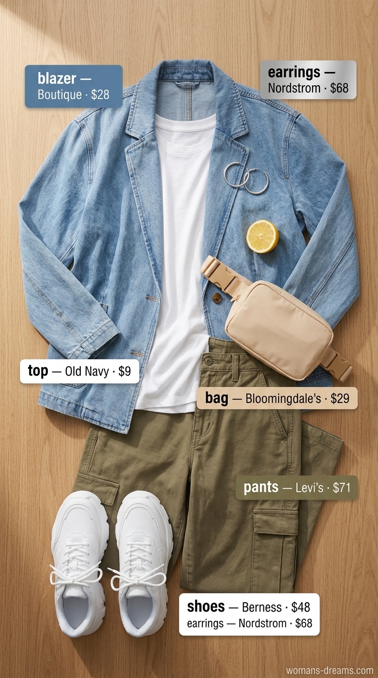 Casual summer blazer outfit 2026: Light wash denim blazer with khaki cargo pants & white tee.