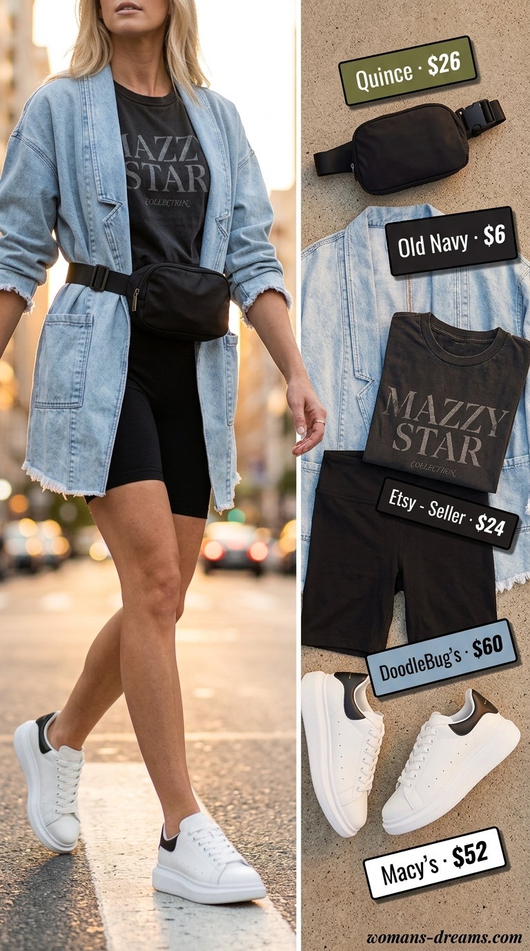 Cool summer blazer outfit 2026: Denim blazer, biker shorts, graphic tee for city street style.