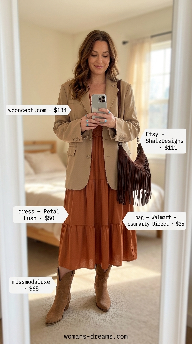 Bohemian summer blazer outfit 2026: Beige oversized blazer over rust midi dress for desert festivals.