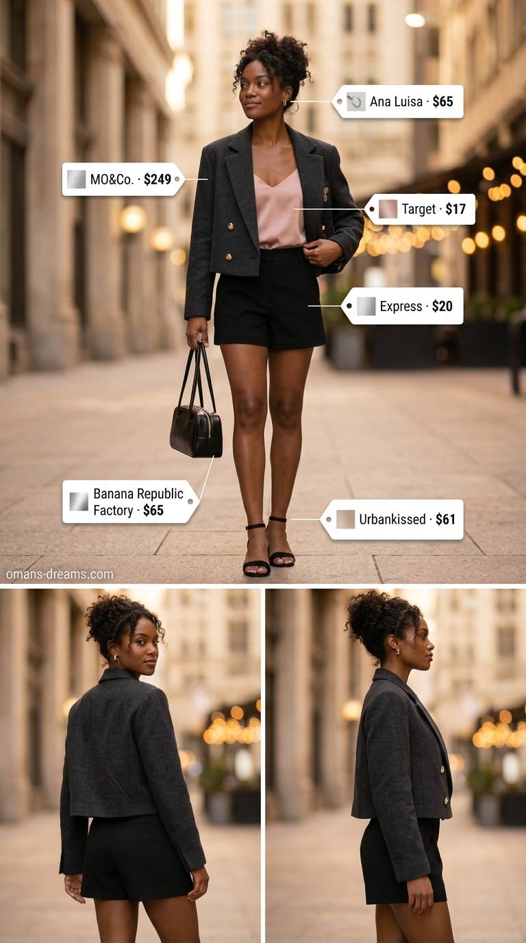 Edgy summer blazer outfit 2026: Charcoal grey blazer, blush pink cami, black shorts for a dinner date.