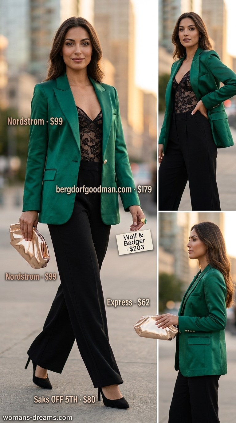 Glamorous summer blazer outfit 2026: Emerald green satin blazer with black wide-leg trousers for events.