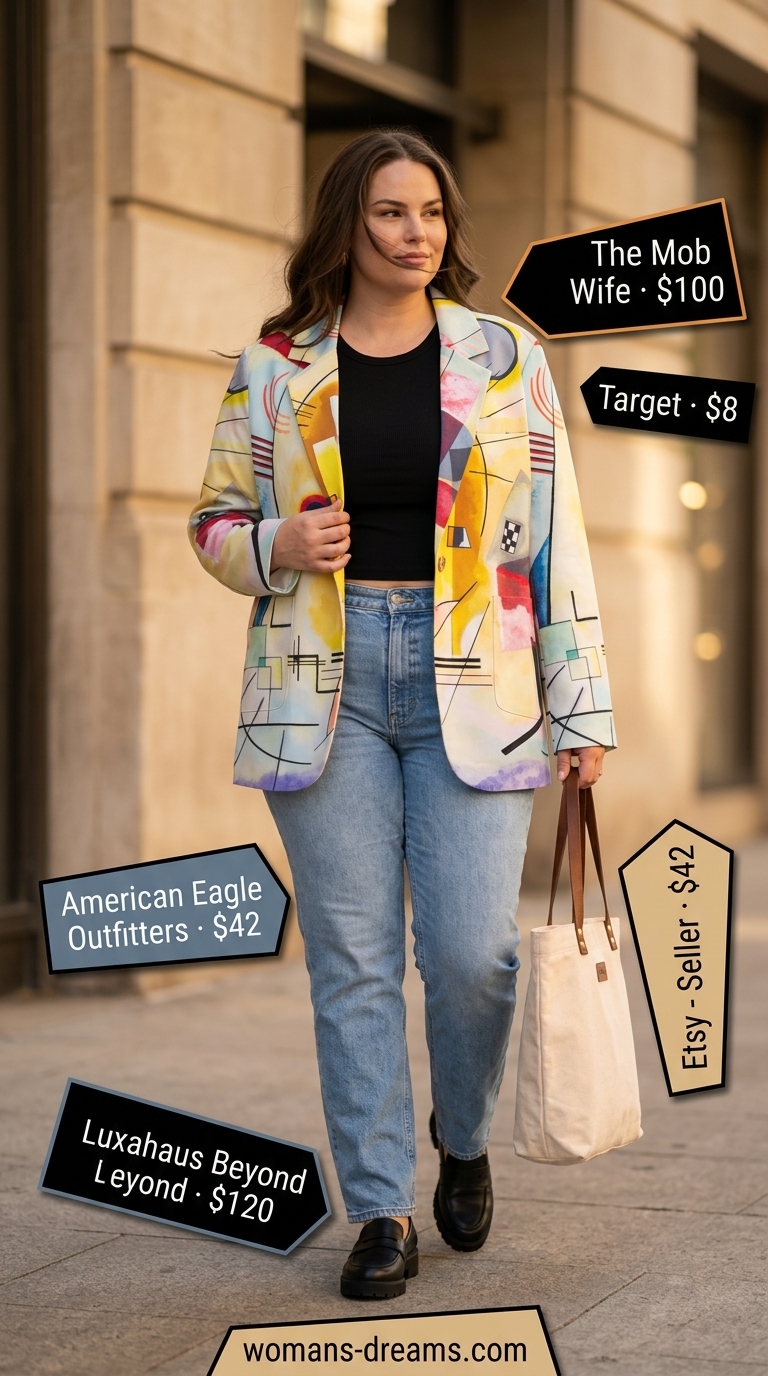 Artistic summer blazer outfit 2026: Abstract print blazer, denim jeans, black tank for gallery opening.