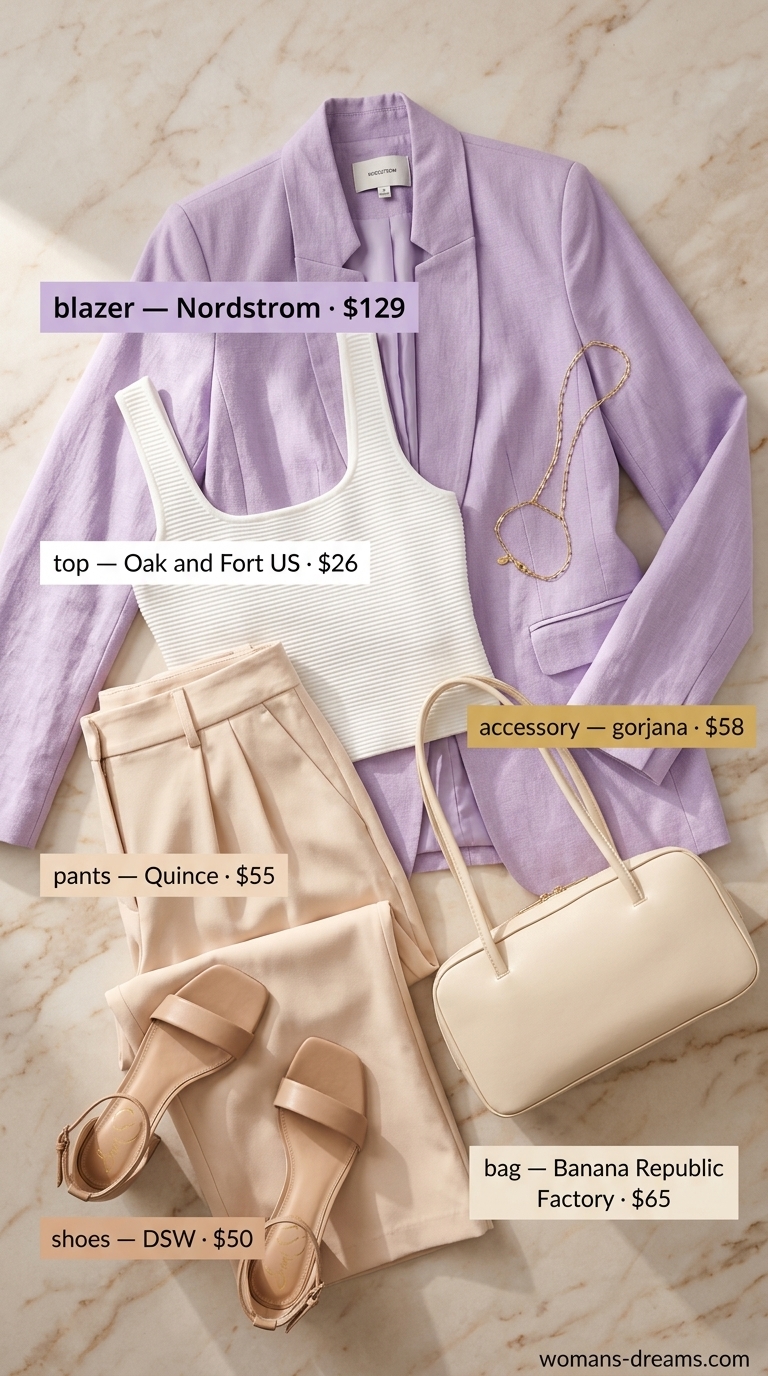 Feminine summer blazer outfit 2026: Lavender linen blazer, cream tank, white wide-leg trousers for brunch.