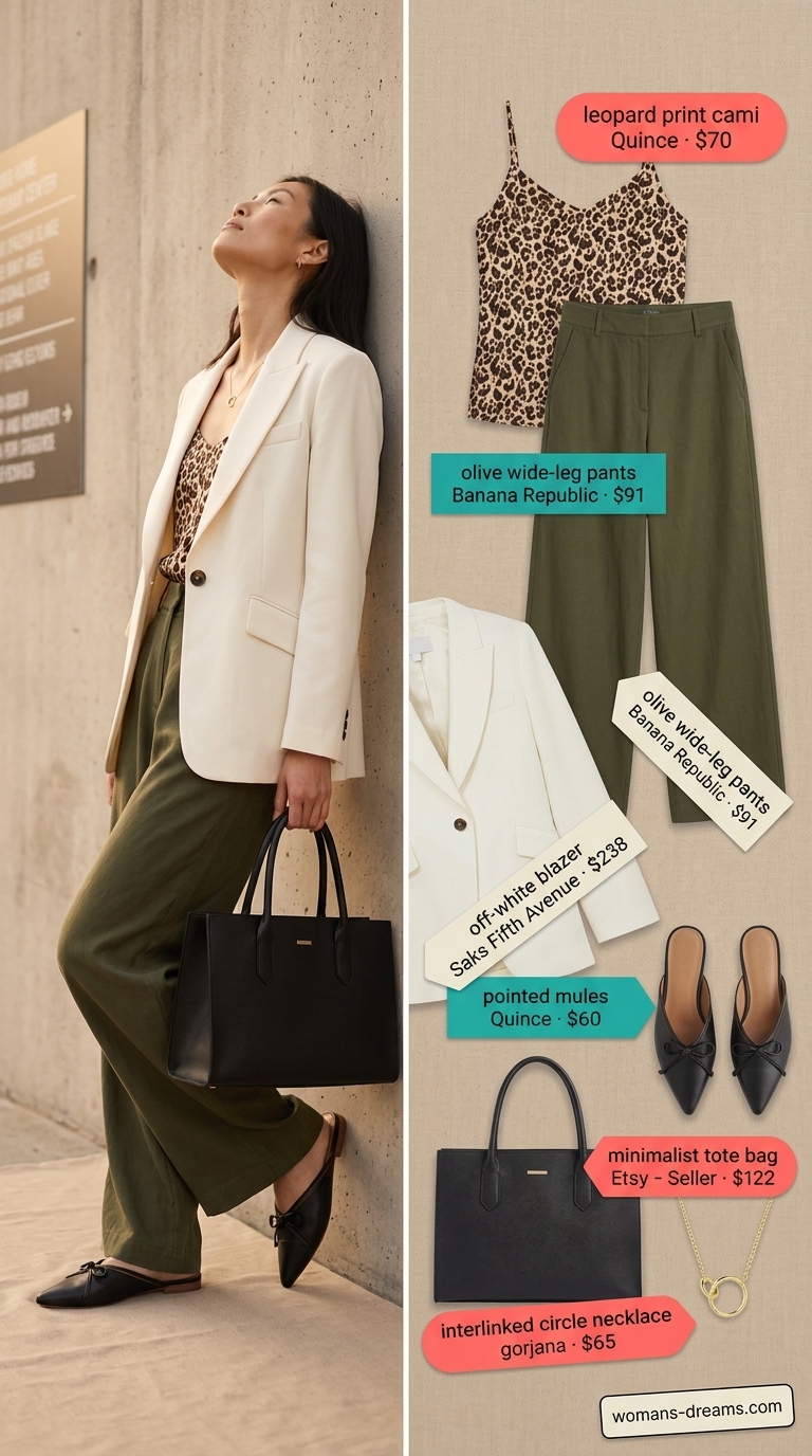 Sophisticated summer blazer outfit 2026: Cream blazer, olive green trousers, champagne cami for business casual.