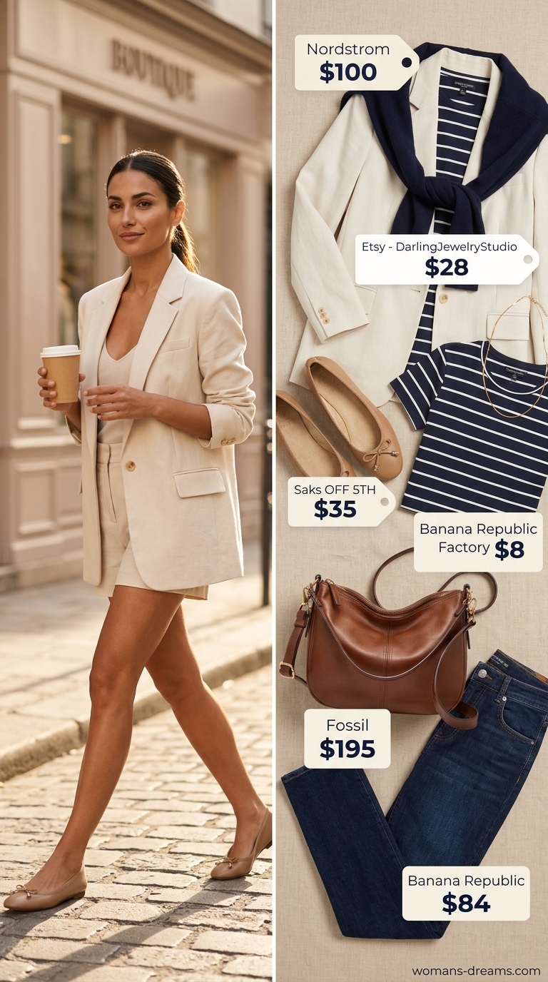 Chic summer blazer outfit 2026: Cream oversized blazer with navy stripe top & jeans for Parisian strolls.
