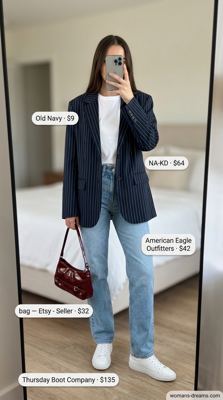 Chic summer blazer outfit 2026: Navy stripe oversized blazer with white tee & jeans for Parisian style.
