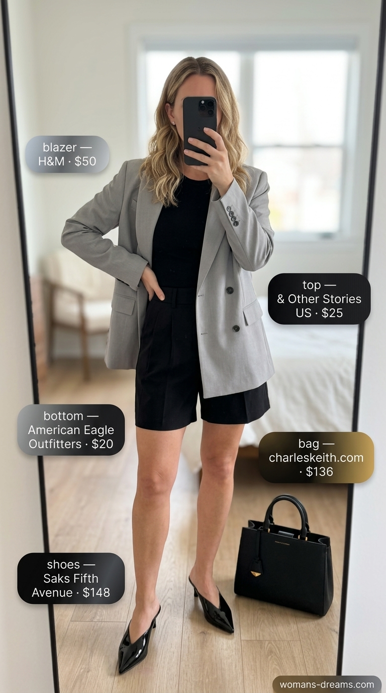 Sophisticated summer blazer outfit 2026: Light grey double-breasted blazer with black shorts & knit top for brunch.