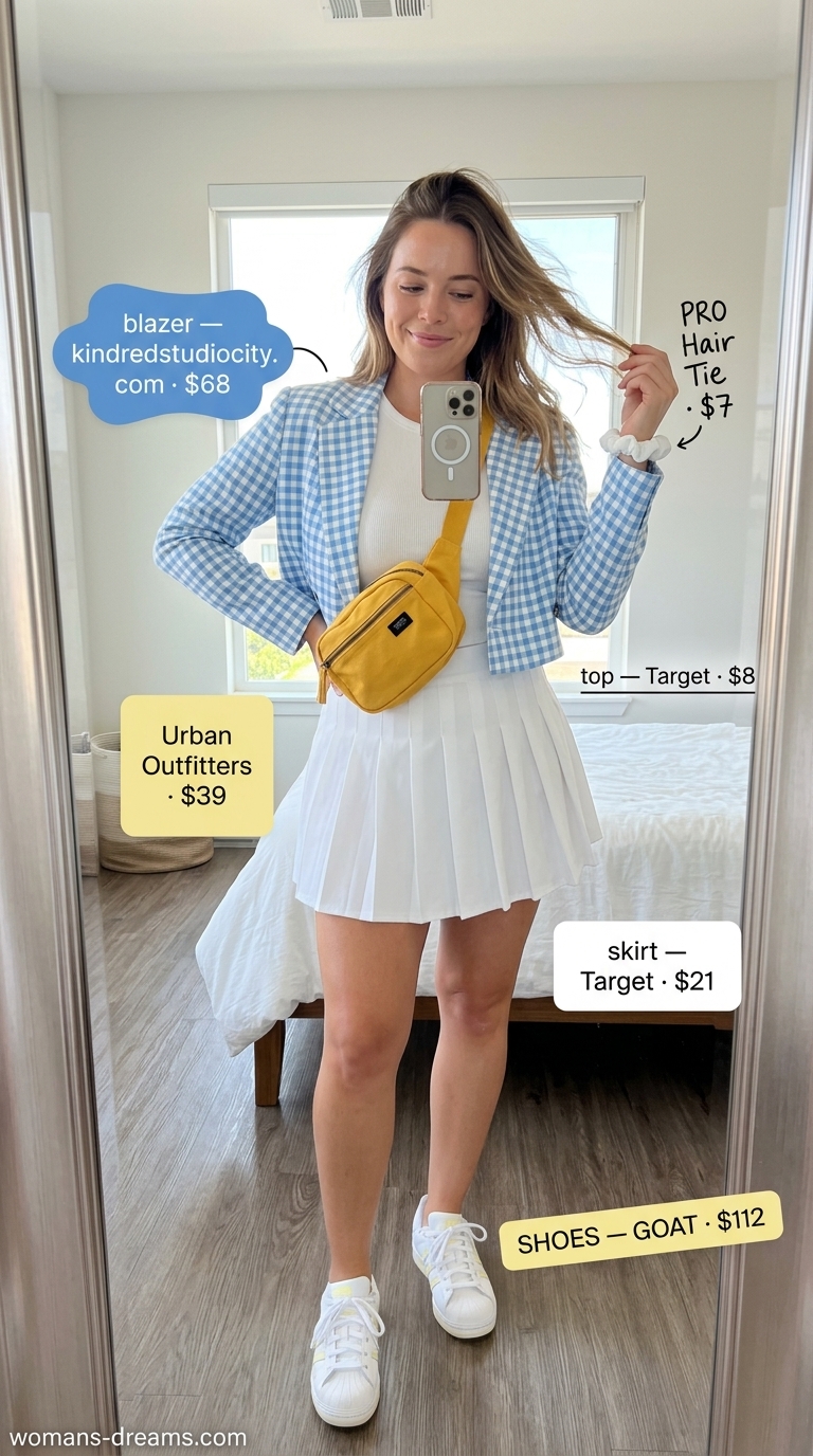 Playful summer blazer outfit 2026: Light blue gingham blazer with white tennis skirt & yellow belt bag.