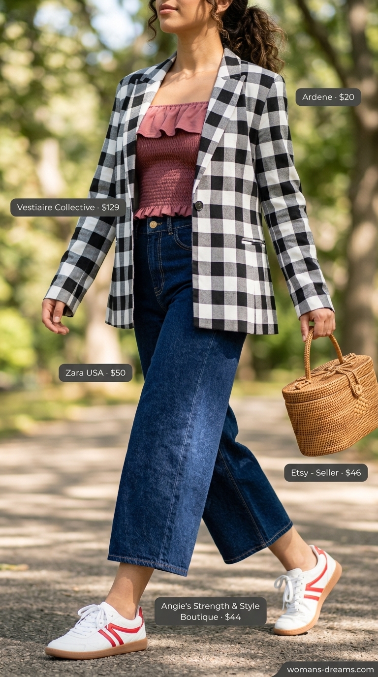 Playful summer blazer outfit 2026: Gingham blazer, red crop top, denim culottes for picnic.
