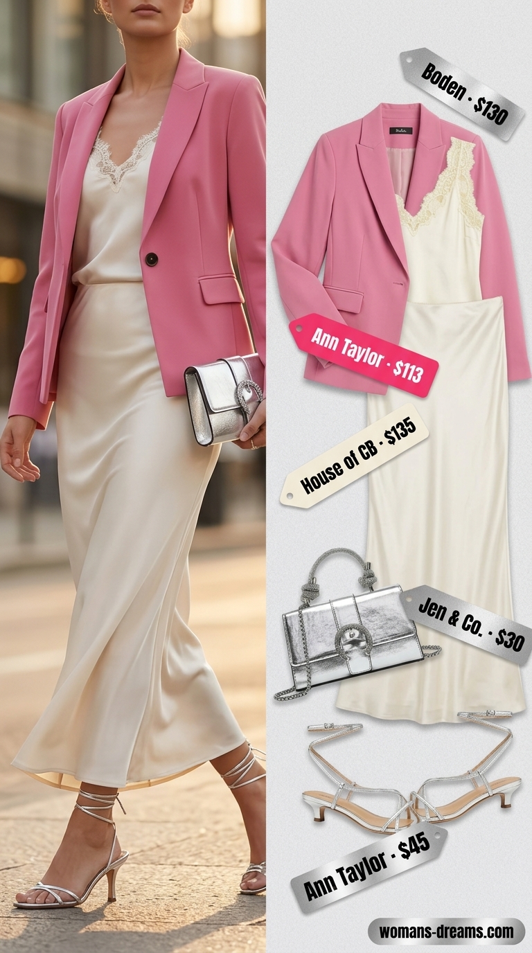Romantic summer blazer outfit 2026: Soft pink blazer, white lace bralette, silver skirt for date night.