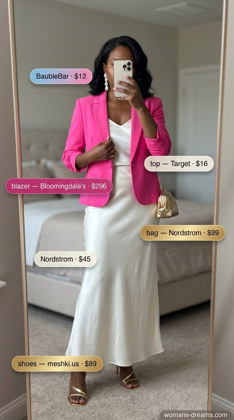 Glamorous summer blazer outfit 2026: Hot pink cropped blazer with ivory maxi skirt & gold sandals.