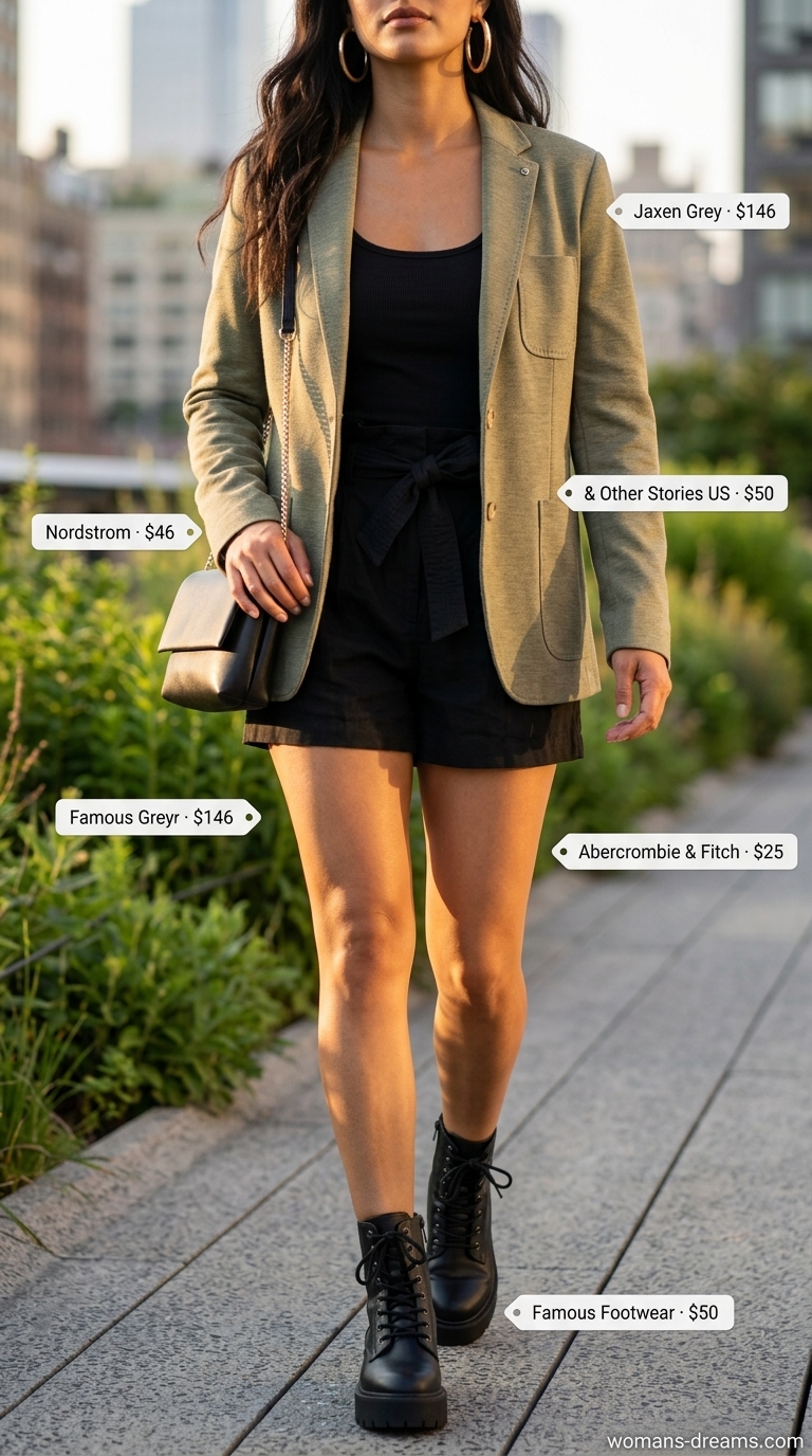 Edgy summer blazer outfit 2026: Khaki utility blazer, black shorts, black tank for urban safari.