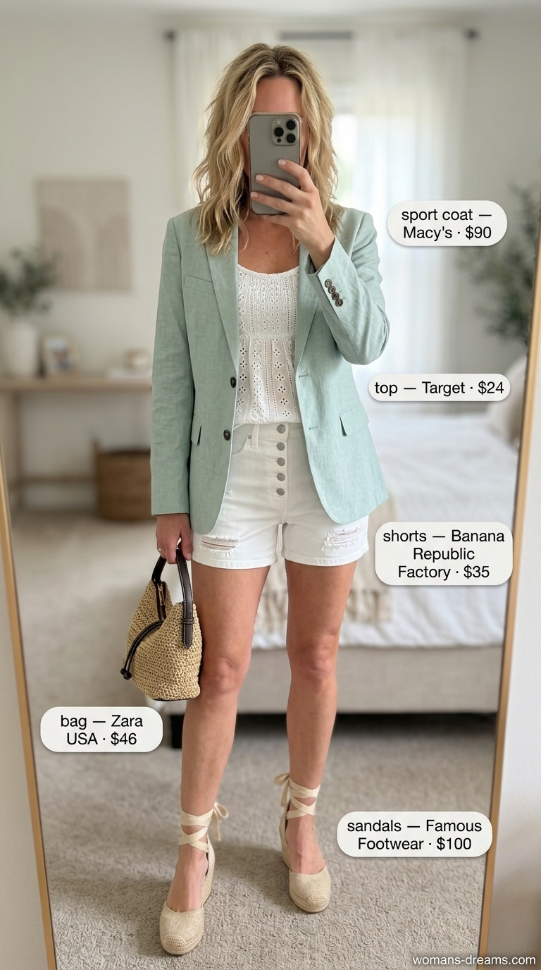 Charming summer blazer outfit 2026: Pastel green blazer, white shorts, eyelet cami for garden party.