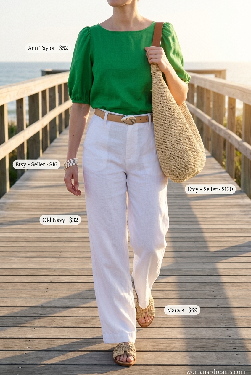 Seafoam green boat neck top, white linen pants, and straw sandals for beach vacation outfits for women 2026.