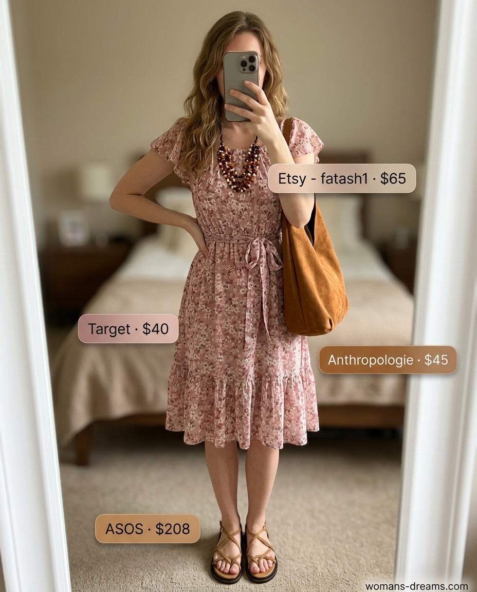 Bohemian summer boat neck dress for women 2026: Floral midi dress, suede hobo bag, and strappy sandals.