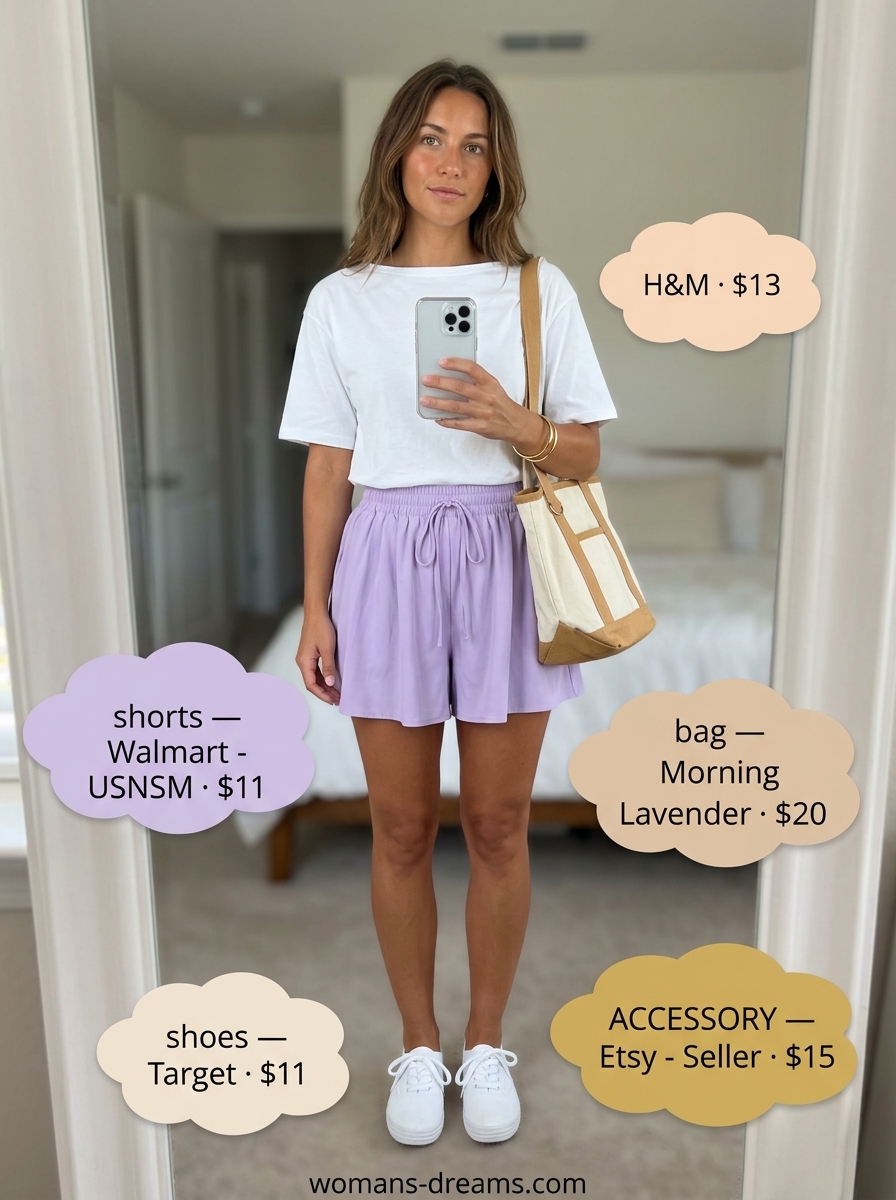 Lavender boat neck crop top, flowy shorts, and sneakers for casual summer outfits for women 2026.
