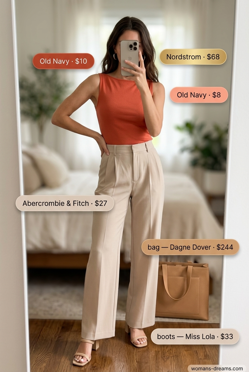 Coral boat neck top, beige trousers, and mules for city exploration outfits for women 2026.