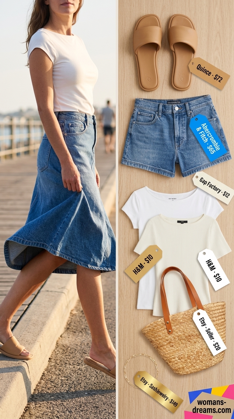 Effortless summer boat neck outfit for women 2026: Cream tee, denim shorts, straw tote, and leather slides for coastal vibes.