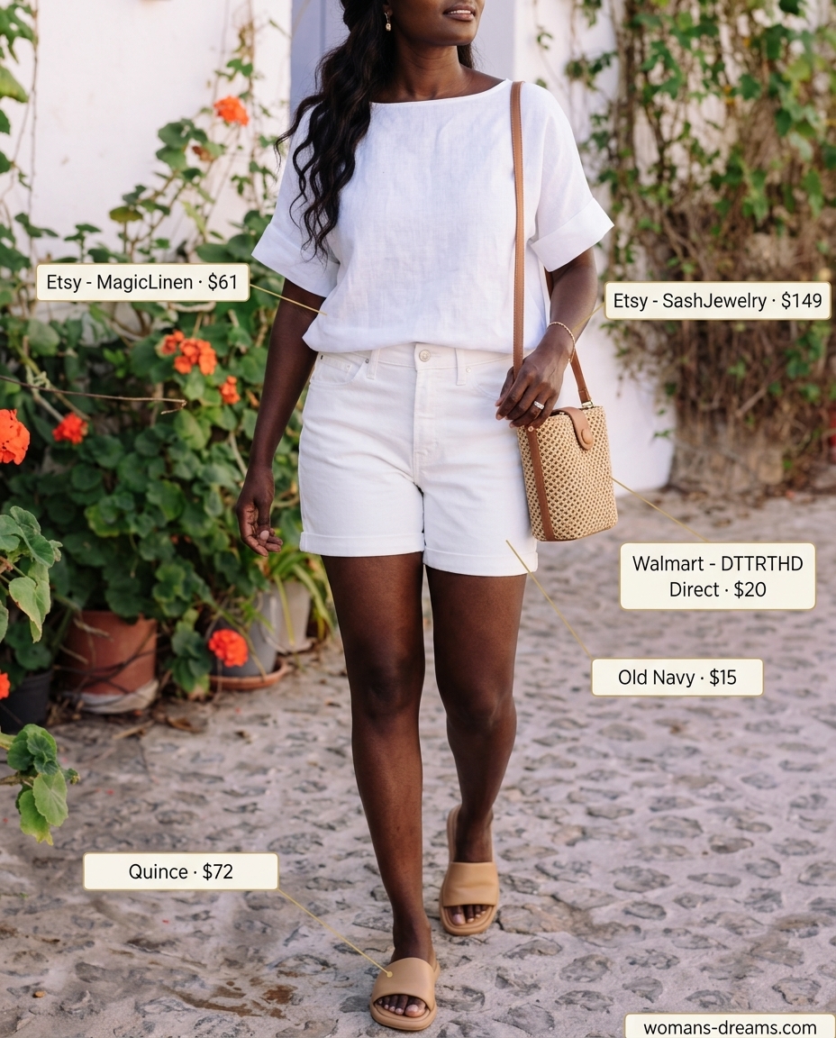 Relaxed summer boat neck outfit for women 2026: Ecru top, white denim shorts, straw bag, and leather slides.