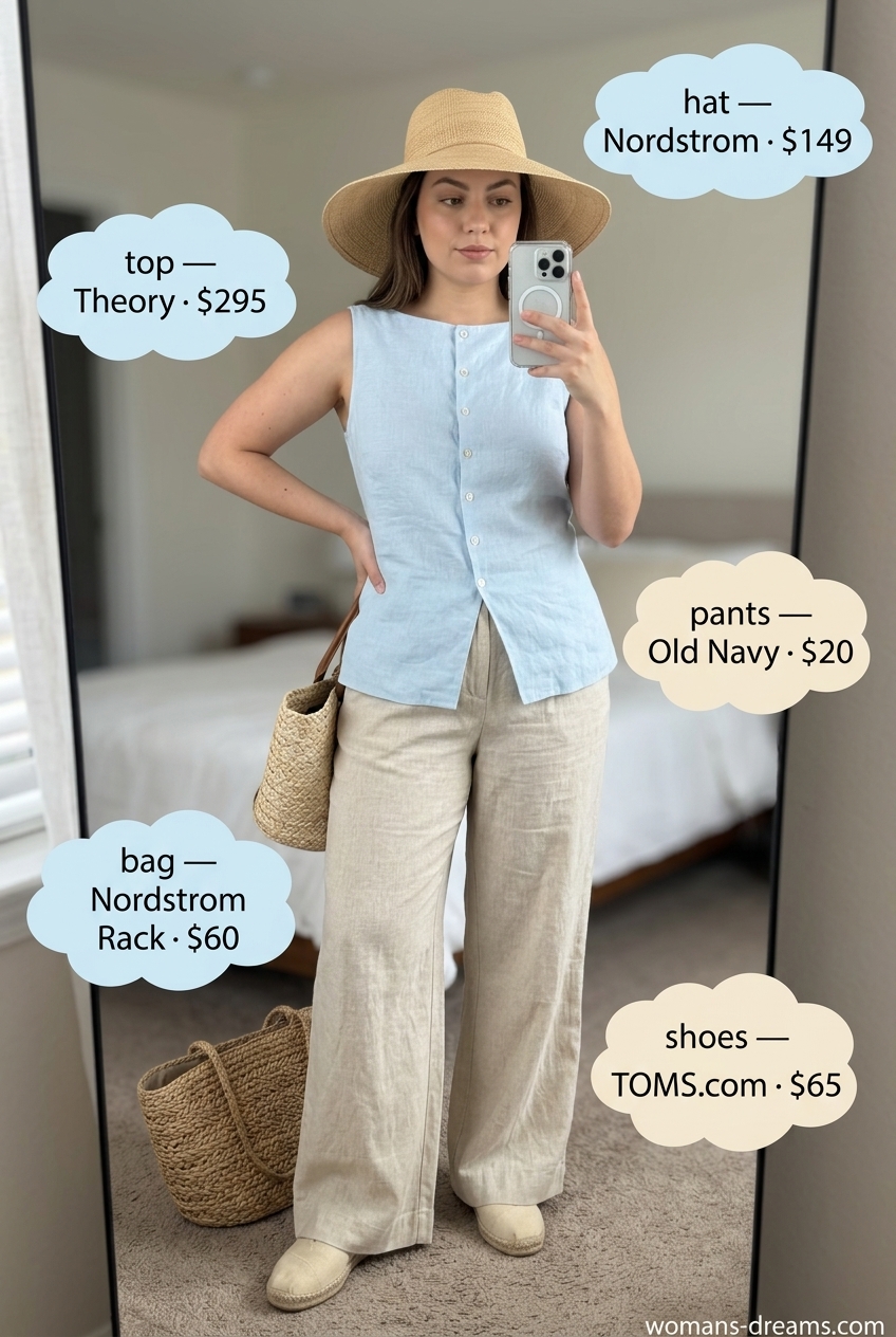 Light blue boat neck top, linen pants, and espadrilles for coastal getaway outfits for women 2026.
