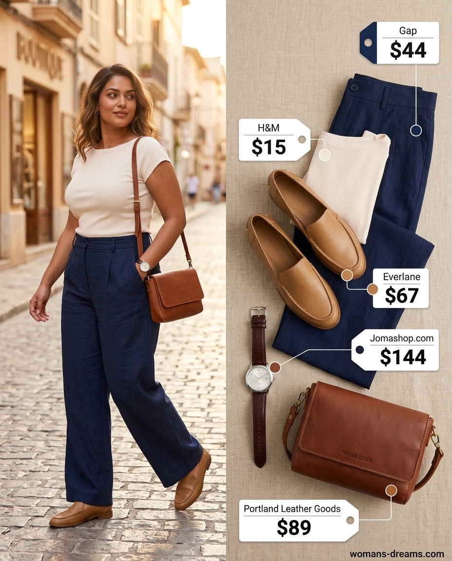 Sophisticated cream boat neck top with navy linen trousers for summer Boat Neck outfits for women 2026.