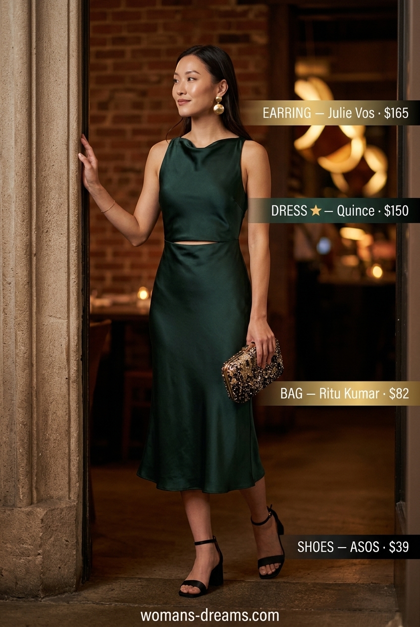Emerald green boat neck midi dress with gold earrings and black sandals for summer evening outfits for women 2026.