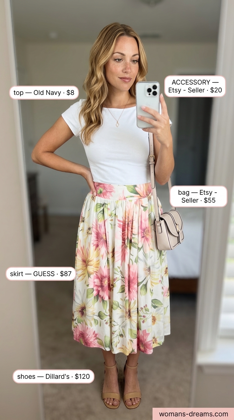 Charming floral skirt and white boat neck top for summer Boat Neck outfits for women 2026.