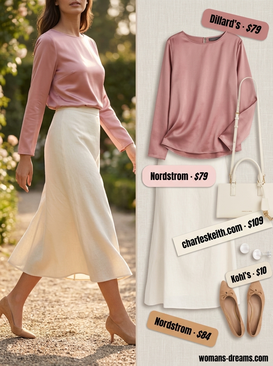 Elegant summer boat neck outfit for women 2026: Blush blouse, ivory skirt, ballet flats, and top-handle bag.