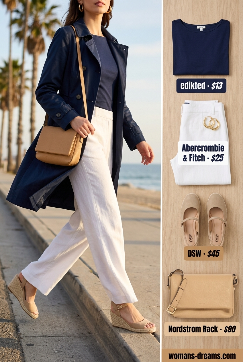 Chic summer boat neck outfit for women 2026: Navy knit top, white linen trousers, espadrille wedges, and crossbody bag.