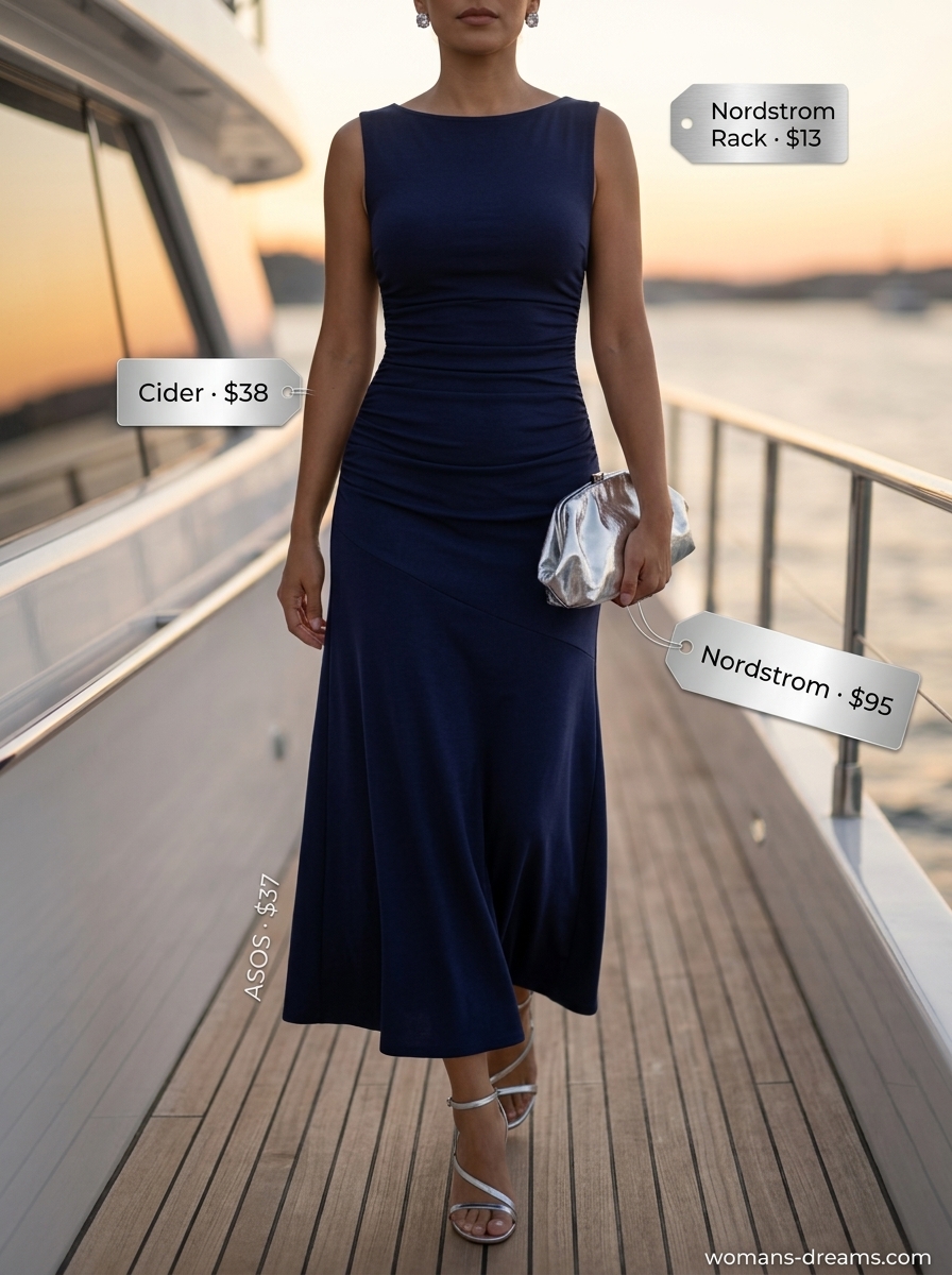 Elegant summer boat neck dress for women 2026: Navy maxi dress, silver heels, and clutch for evening events.