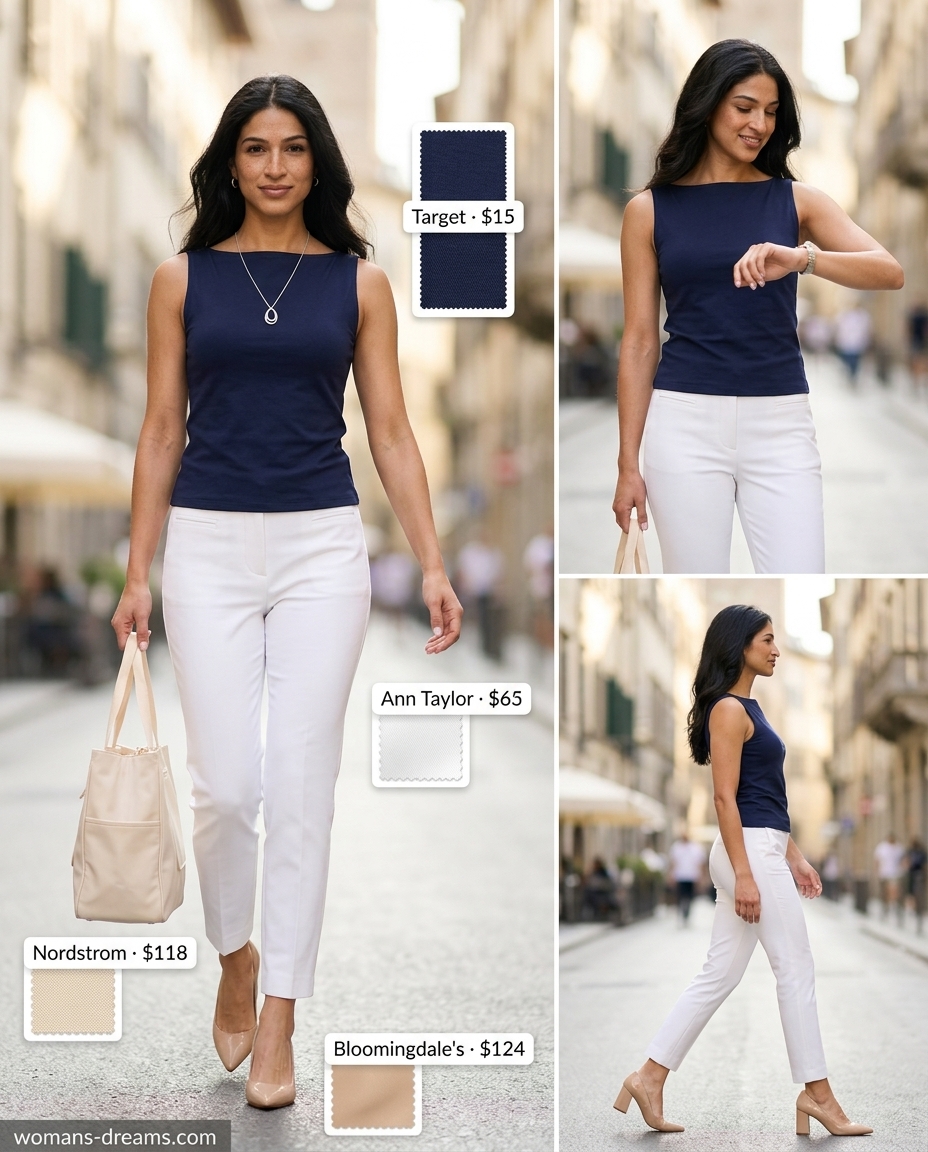 Polished navy sleeveless boat neck top with white capri pants for summer Boat Neck outfits for women 2026.