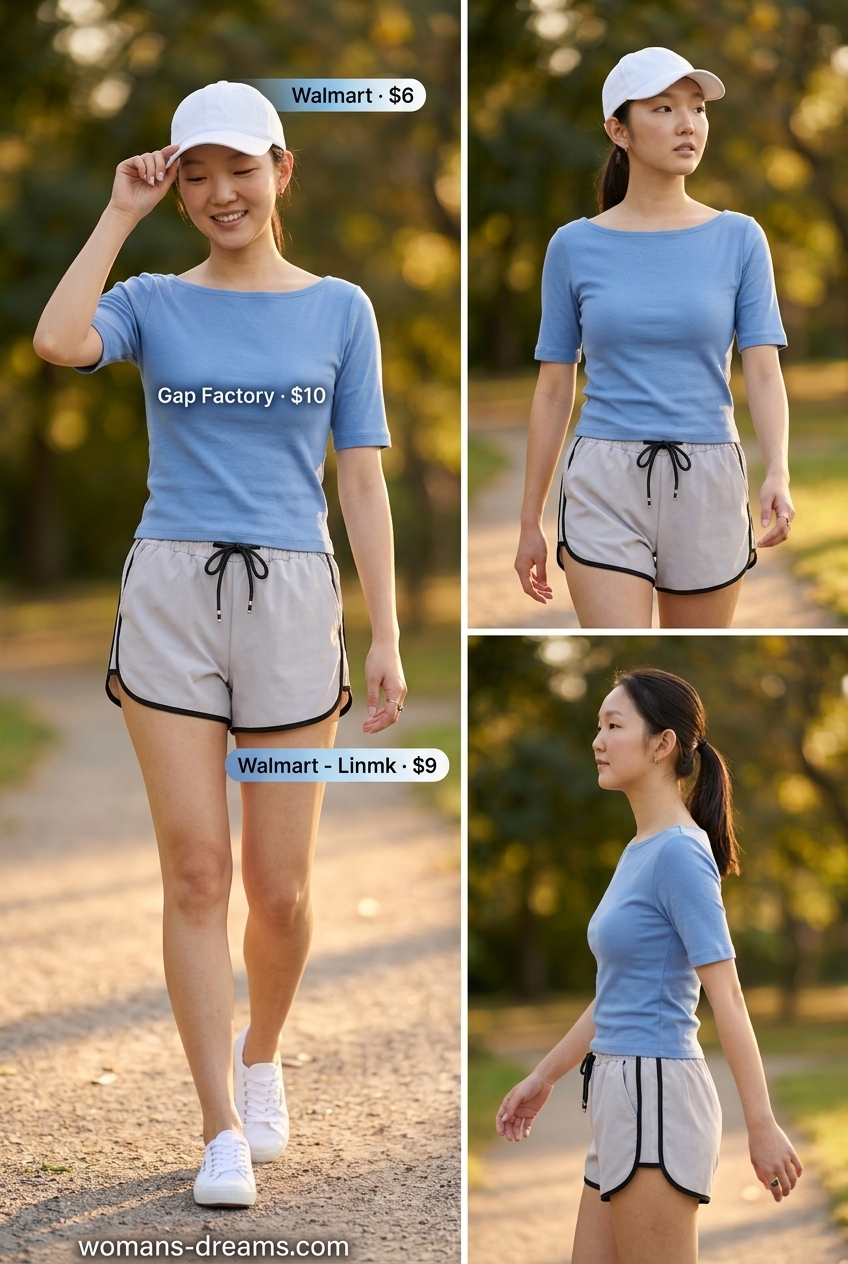 Sporty sky blue boat neck t-shirt with grey athletic shorts for summer Boat Neck outfits for women 2026.