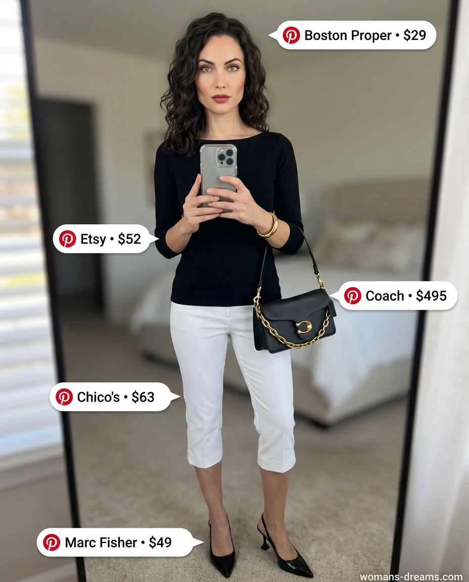 Chic urban summer boat neck outfit for women 2026: Black top, capri pants, slingbacks, and shoulder bag.