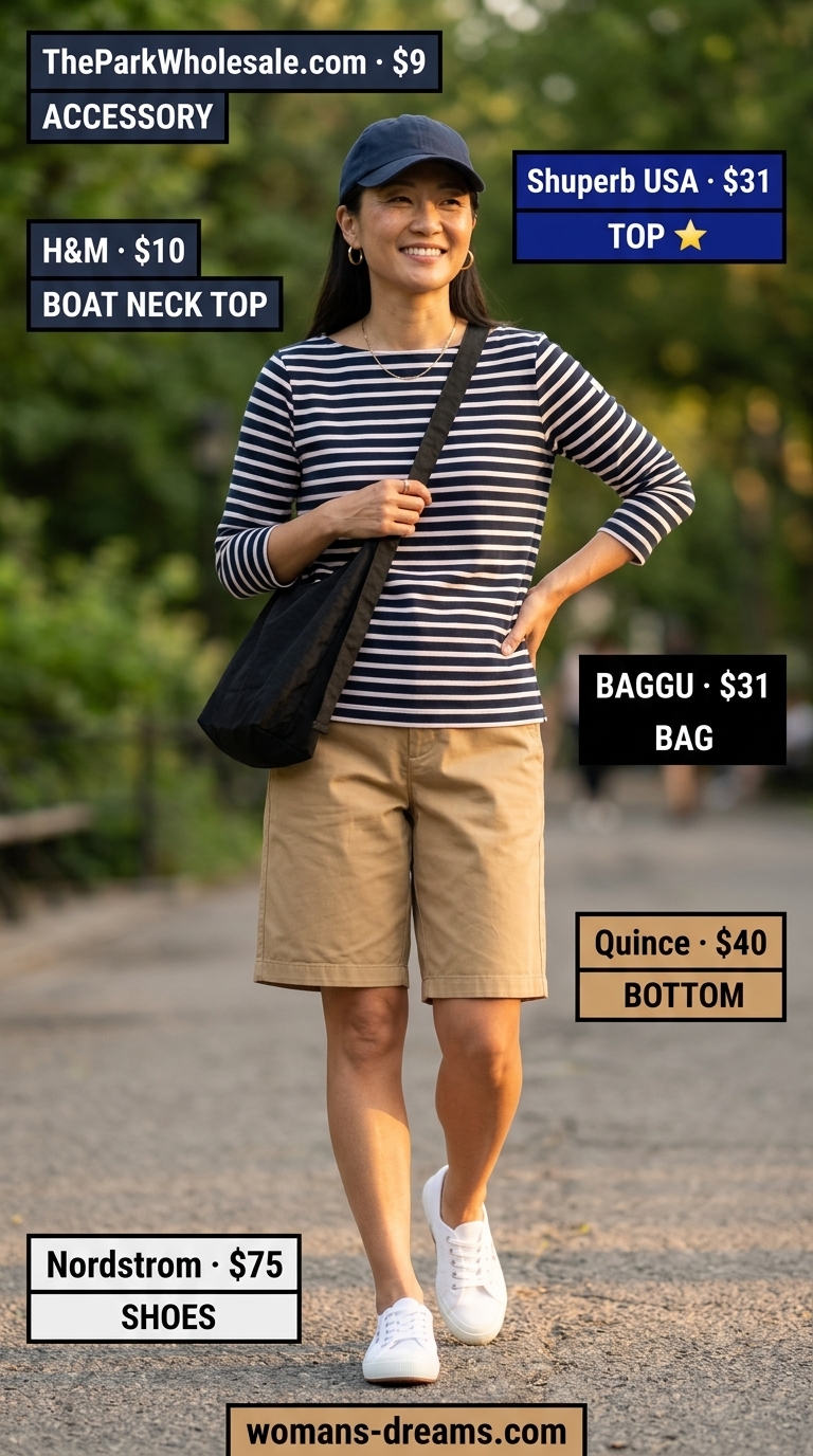 Casual summer boat neck outfit for women 2026: Navy stripe tee, beige shorts, crossbody bag, and sneakers for weekend exploration.