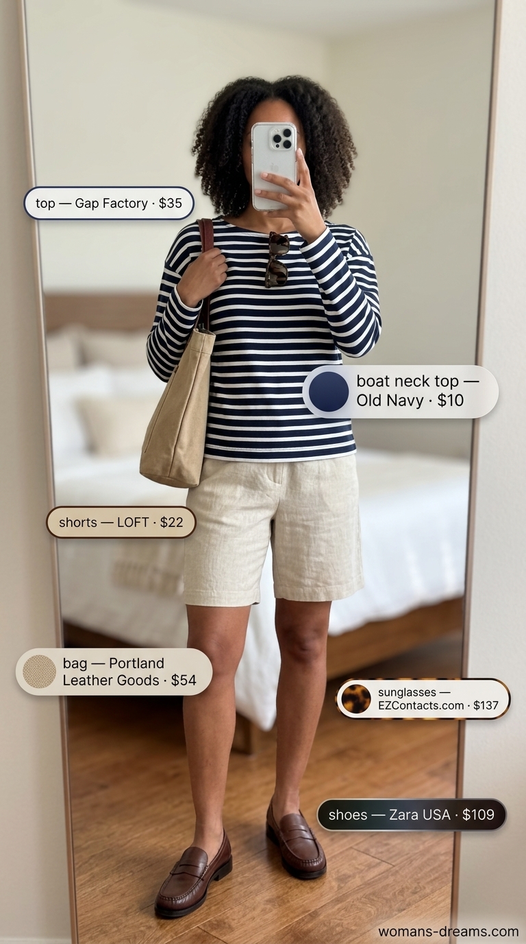 Navy and white striped boat neck top, beige shorts, and loafers for weekend market outfits for women 2026.