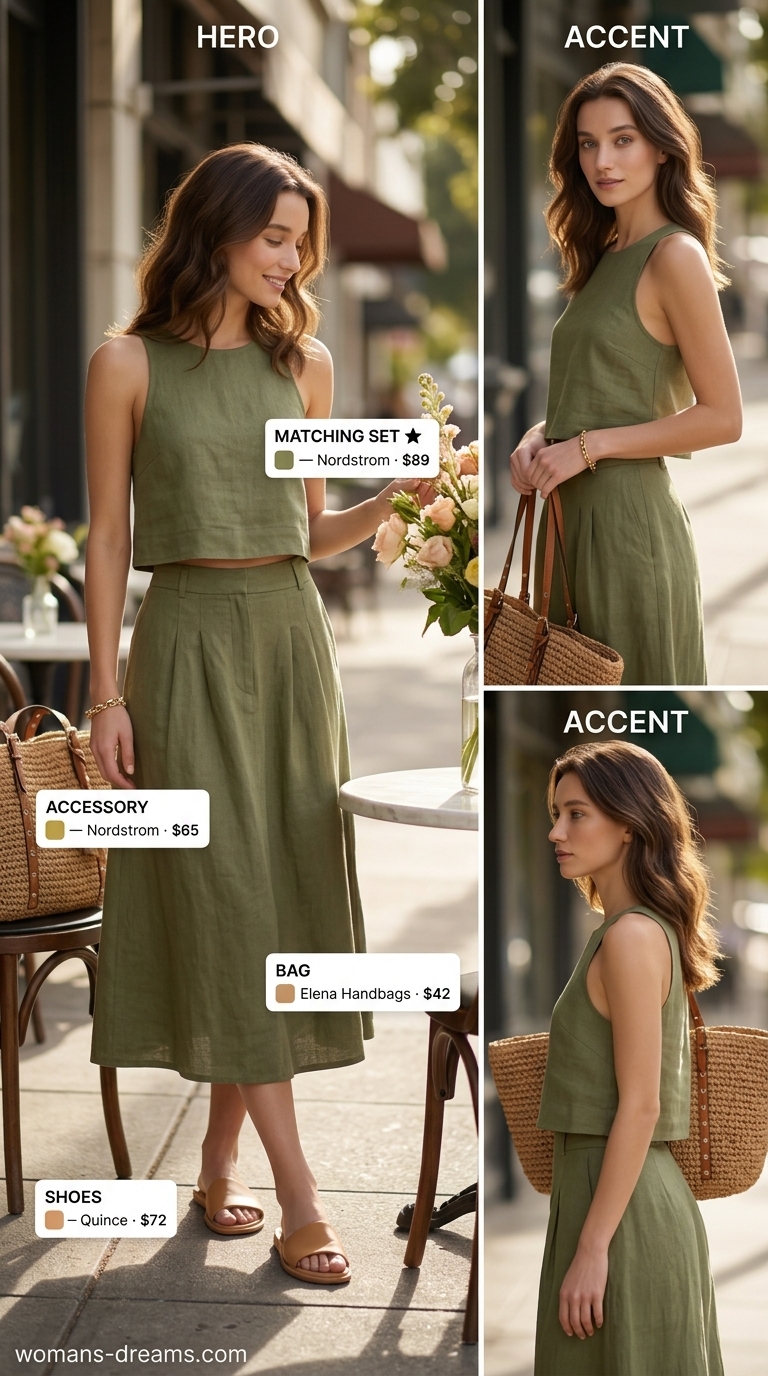 Chic olive green linen co-ord outfit for summer brunch 2026 with straw tote and slide sandals.