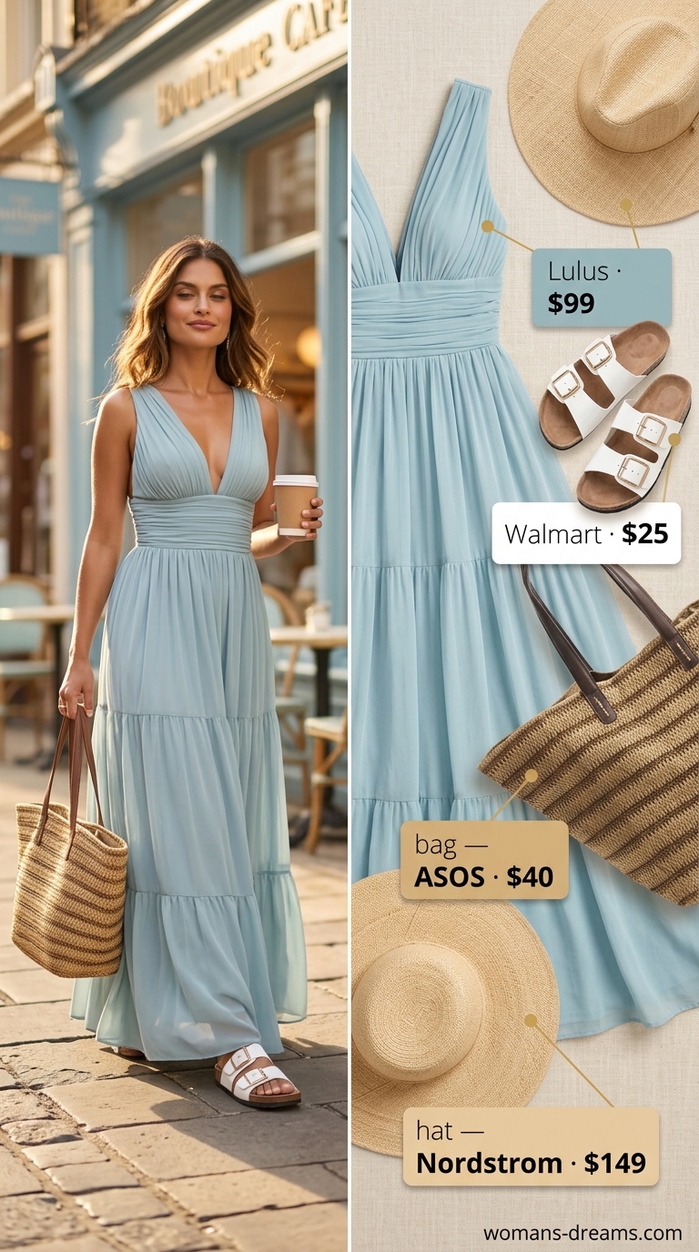 Coastal Breeze Maxi dress for summer brunch outfits for women 2026. Sky blue flowy dress, straw tote, sun hat, and flat sandals.
