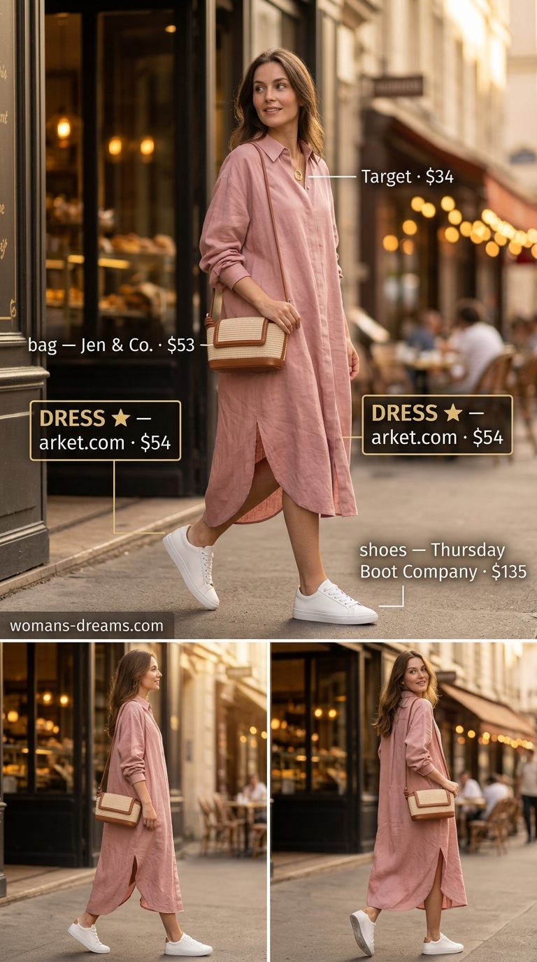 Effortless Shirt Dress for summer brunch outfits for women 2026. Blush pink dress, white sneakers, woven crossbody, gold necklace.
