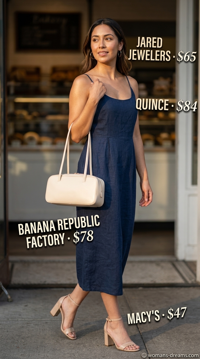 Elevated Linen Jumpsuit for summer brunch outfits for women 2026. Beige jumpsuit, cream sandals, gold earrings, and structured bag.